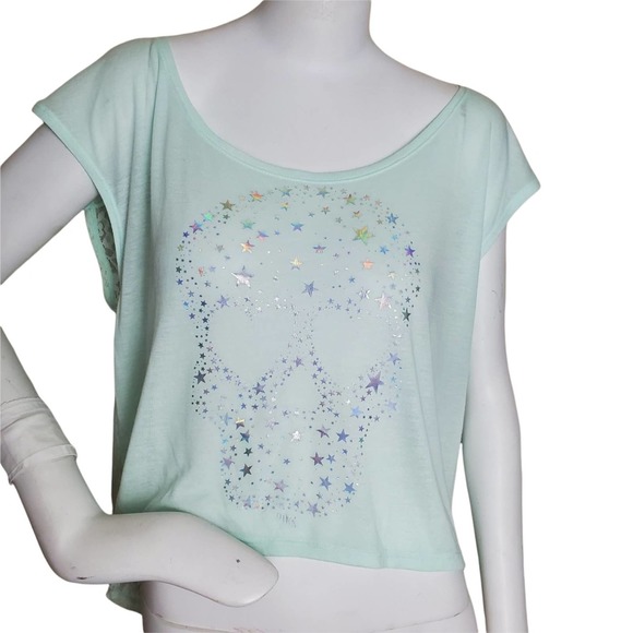 Victoria's Secret PINK Iridescent Star Skull Lace Back Short Sleeve Top - Picture 1 of 4
